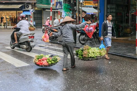 携带蔬菜在路上经过的人 携带蔬菜在路上经过的人