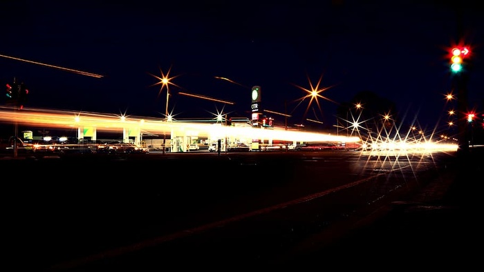 时间点摄影、道路、夜间、时间、流逝、摄影、汽车、加油站