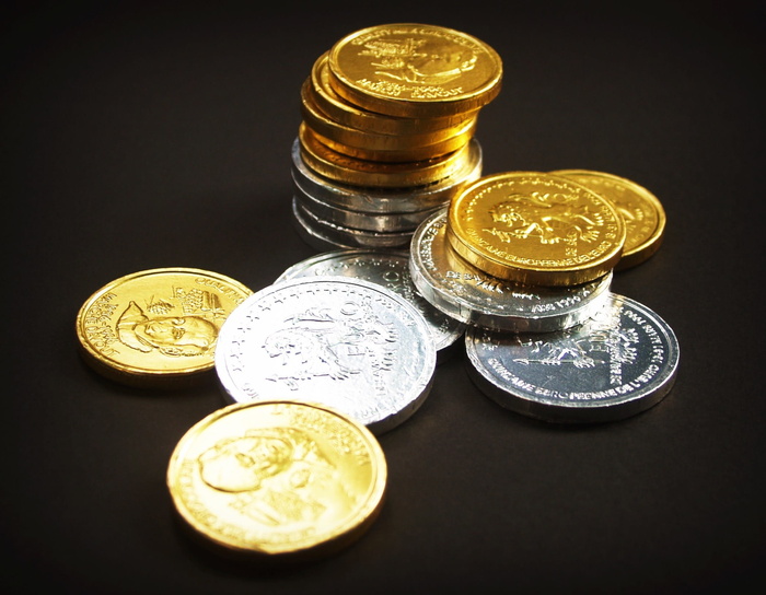 什锦、圆形金色、银色硬币、黑色、表面、硬币、黄金、现金