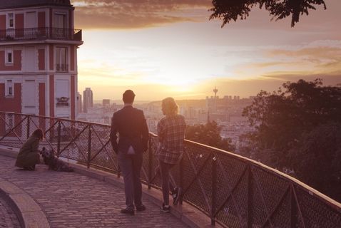 巴黎，法国，蒙马特，情侣，早晨，日出，太阳，狗