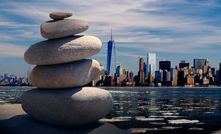 桩，石头，身体，水，一，世贸中心大楼，背景，多云