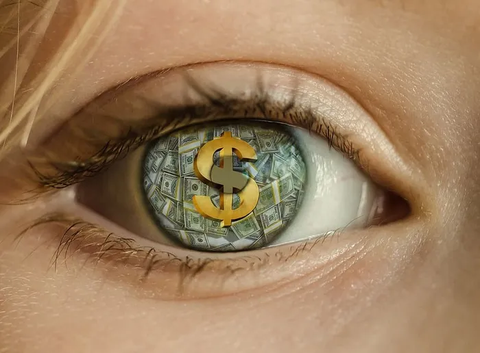 金钱，眼睛，美元，贪婪，富人，现金，财富，堆积如山