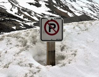 交通、禁令、停车、降雪、冬季、寒冷温度、标志、通信