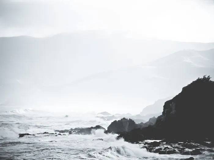 轮廓，山，身体，水，海洋，波浪，灰色，比例