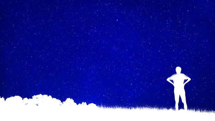 人物、站立、草、蓝色、天空插图、构图、构图、剪影