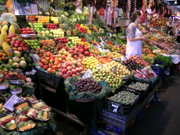 巴塞罗那、boqueria、水果、市场、零售、精选、健康饮食、市场摊位