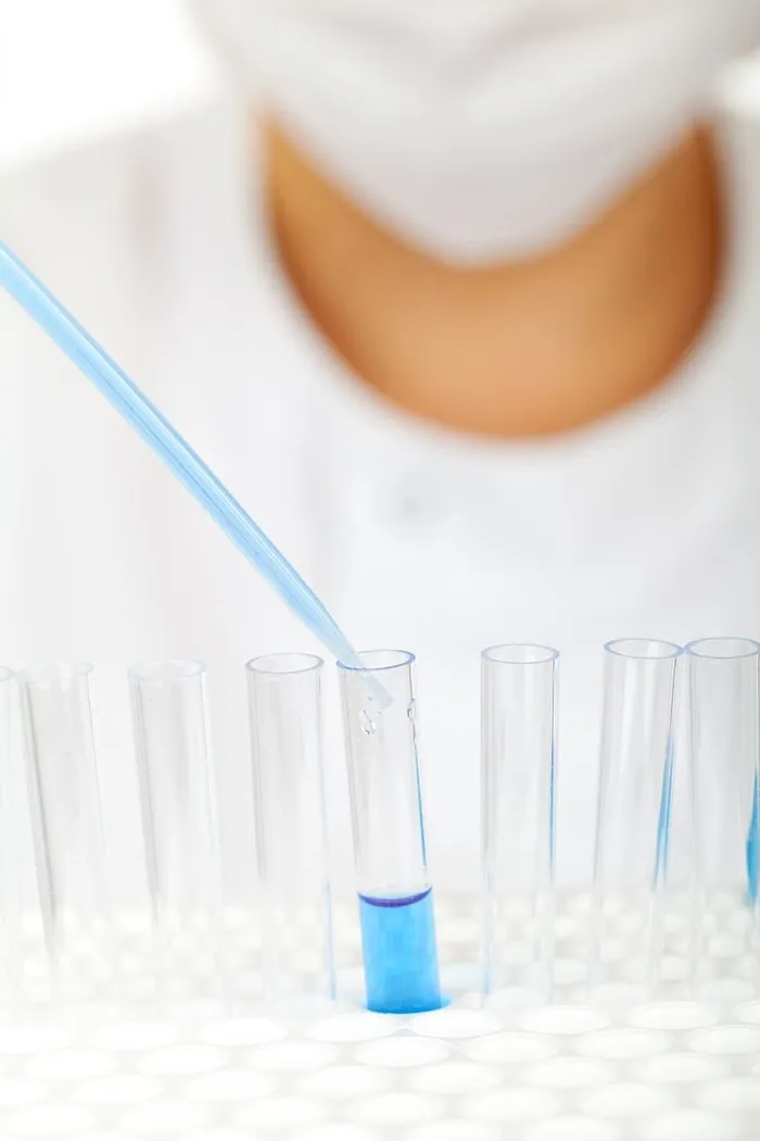 透明、玻璃试管、蓝色、液体、生物学、研究、实验室、技术