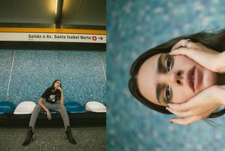 穿着黑色T恤和灰色裤子拼贴画的女士