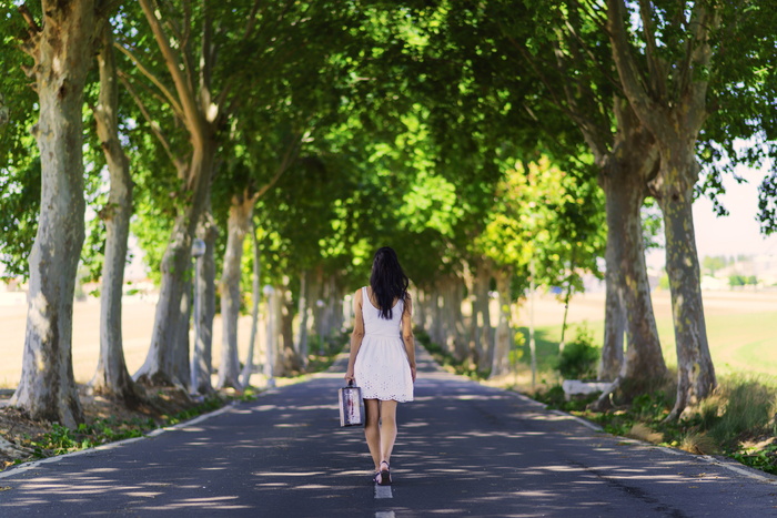 女人，白人，连衣裙，走路，道路，白天，手提箱，人