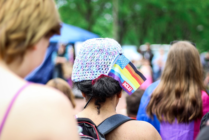 头发上戴着Lgbt旗子的女性的选择性聚焦摄影