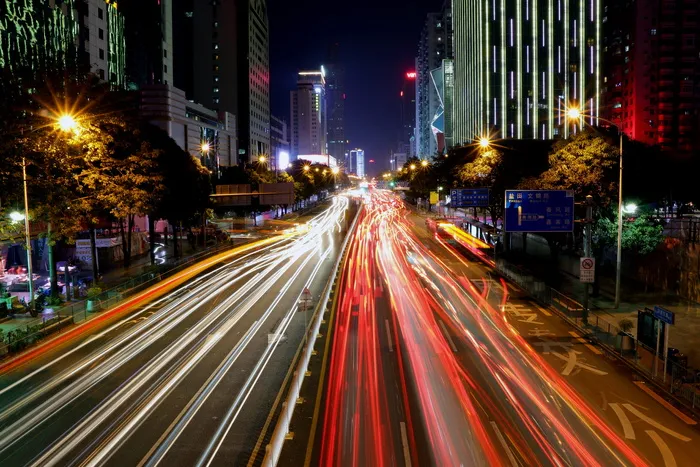城市、夜景、灯光、长曝光、灯光轨迹、照明、运动、建筑