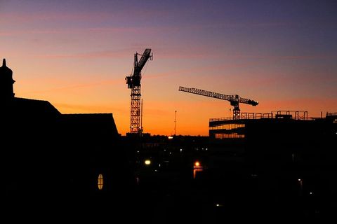 起重机，房屋，黄金，小时，剪影，太阳，日落，建筑