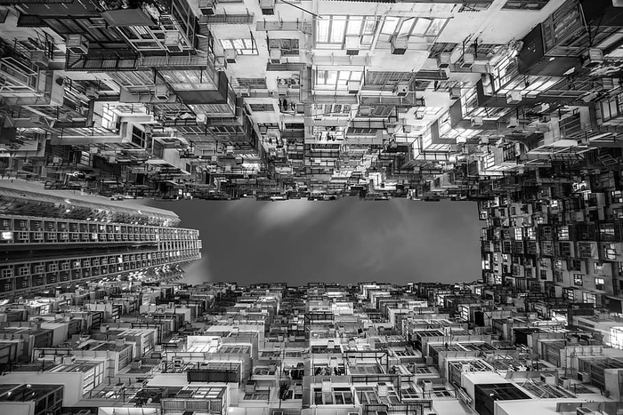 低角度灰阶照片，高层建筑，香港，城市，城市，透视，向上