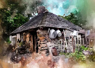 石头房子，树木，房子，老房子，历史，古董，旅游，水彩画