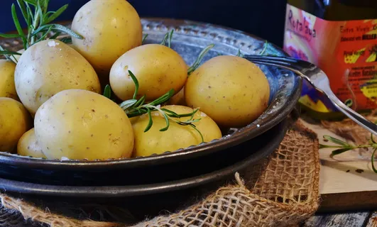 盘子上的土豆,土豆,蔬菜,土豆,百里香,油,橄榄油,盐 盘子上的土豆,土豆,蔬菜,土豆,百里香,油,橄榄油,盐