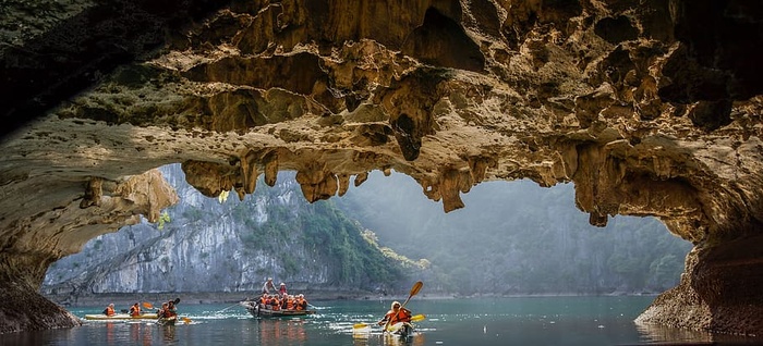 越南，蝙蝠洞，皮划艇，旅游，景观，哈龙湾，水，岩石形成