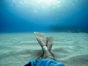 人，穿着，脚蹼，水，水下，海洋，海洋，蓝色