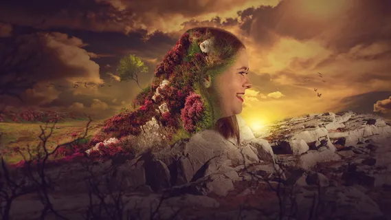 自然，日落，人类，女孩，女人，草地，石头，山脉