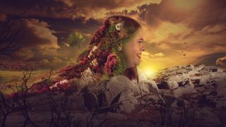 自然，日落，人类，女孩，女人，草地，石头，山脉