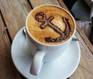 卡布奇诺、加满、白色、陶瓷、茶杯、茶碟、咖啡、锚