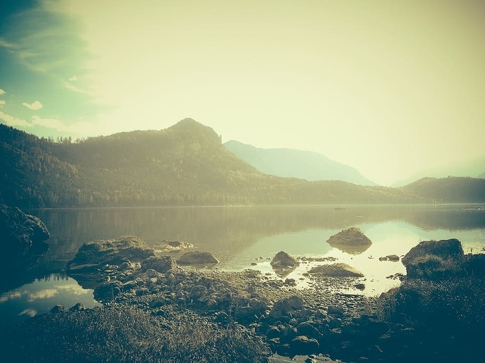 山，旁边，身体，水，海岸，湖泊，自然，风景