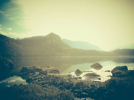 山，旁边，身体，水，海岸，湖泊，自然，风景