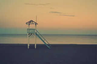 白色、蓝色、木制、救生塔、海滩、生命、救生员、外观