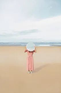 女人，粉色，连衣裙，海滩，沙滩，大海，水，海洋