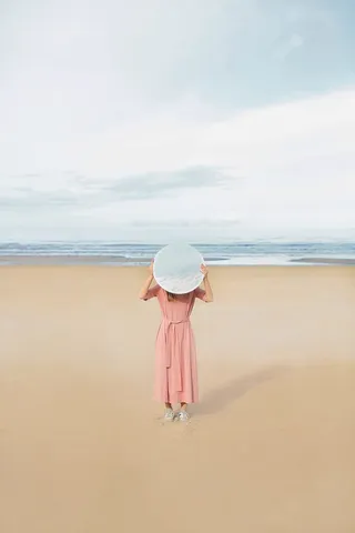 女人，粉色，连衣裙，海滩，沙滩，大海，水，海洋