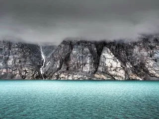 身体，水，被包围，灰色，岩石山，巴芬岛，加拿大，山脉