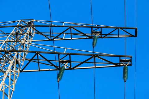 高压电力线，框架，空气，紧密，天空，蓝色，建筑，技术