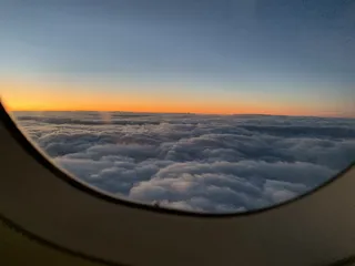 德国，从上面看德国，飞机，黎明，天空，橙色，蓝色，云