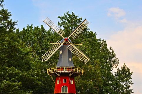 灰色、红色、风车、树木、荷兰风车、风车、荷兰、传统