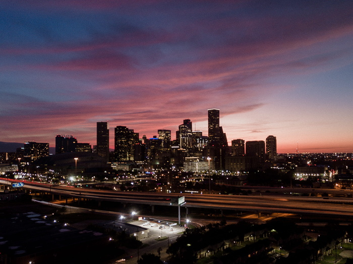 休斯顿，美国，航空，小牛专业，城市，天际线，粉红色天空，长曝光