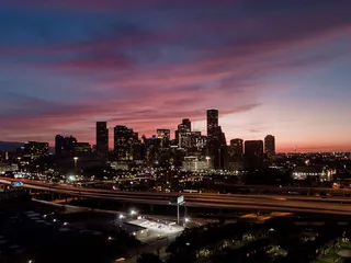 休斯顿，美国，航空，小牛专业，城市，天际线，粉红色天空，长曝光