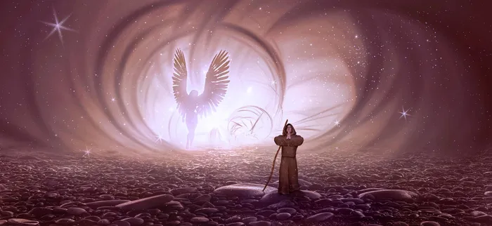 拿着拐杖的人，幻想，僧侣，天使，祈祷，光，神秘，人类