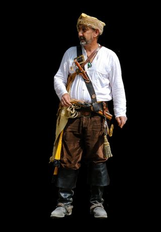 landsknecht, 人类, 活动, 连衣裙, 村民, 黑色背景, 工作室拍摄, 一个人