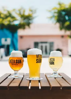 三个装满啤酒的 Veza Sur 玻璃杯