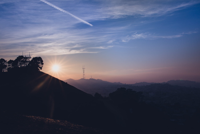 sutro 塔, 塔, sutro, 太阳, 设置, 旅行, 城市, 山