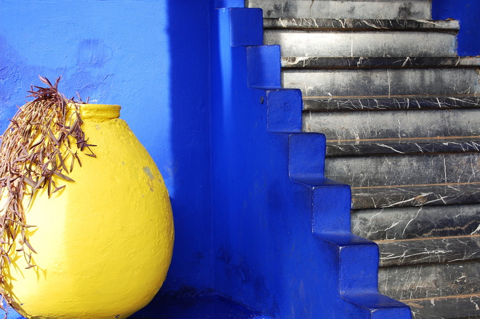 摩洛哥，马拉喀什，jardin majorelle，楼梯，majorelle，黄色，彩色，大理石