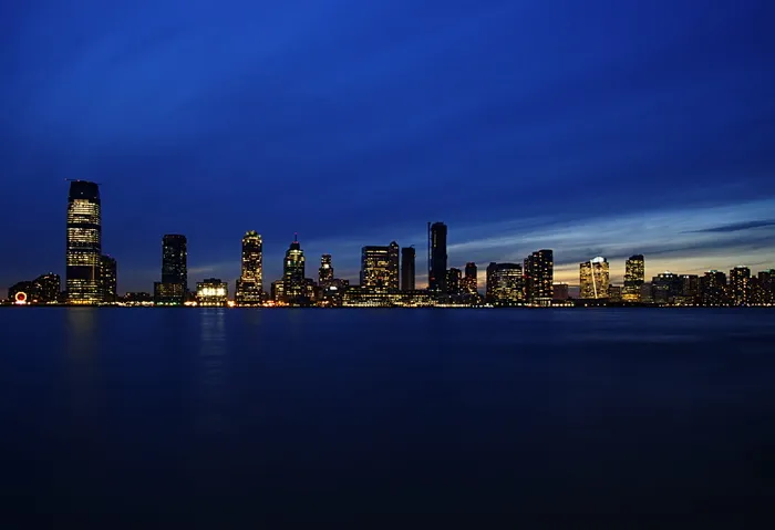 纽约，美国，巴特利公园城，建筑，河流，日落，新泽西，夜晚