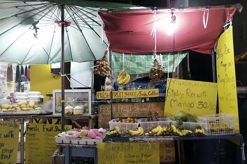 泰国、ko lanta、果汁、香蕉、五颜六色、雨伞、街头小吃、东南亚