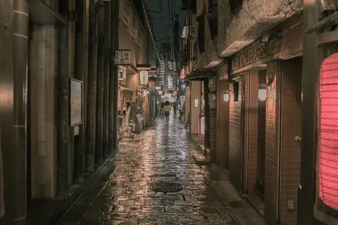 晚上在水泥小巷上行走的人 晚上在水泥小巷上行走的人