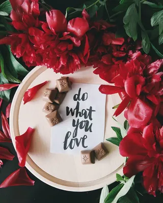 一张纸上的便条，放在红花旁边的盘子上，上面写着“做你喜欢的事”