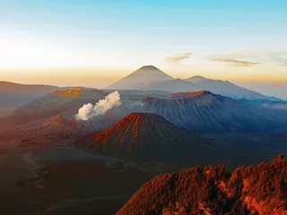 航空、摄影、山脉、蓝色、天空、火山、印尼、自然