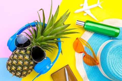 菠萝、耳机、太阳镜、颜色、明亮、粉色、黄色、夏季