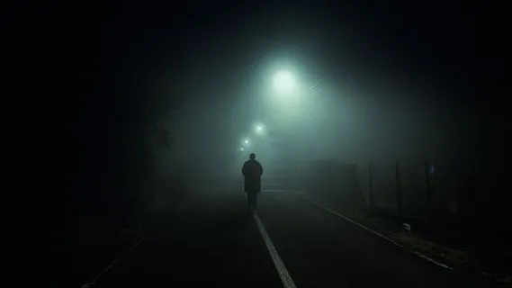 一名男子开着路灯走在布莱克托普路上 一名男子开着路灯走在布莱克托普路上