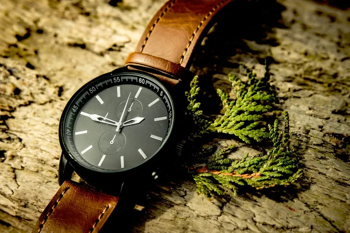 木材，配件，手表，时间，黑色，棕色，皮革，特写