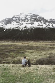 人，坐在旁边，狗，冰川山，白天，人，孤独