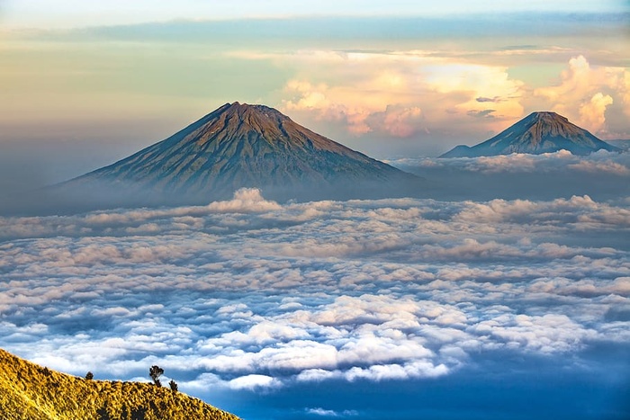 风景，火山，爪哇中部，sumbing山，sindoro山，清晨，云海，天空